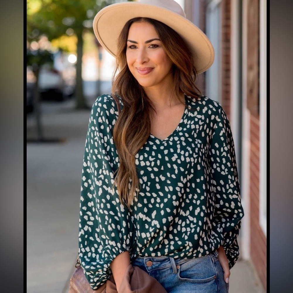 Jodifl Leopard Ballon Sleeve Oversized Green Blouse